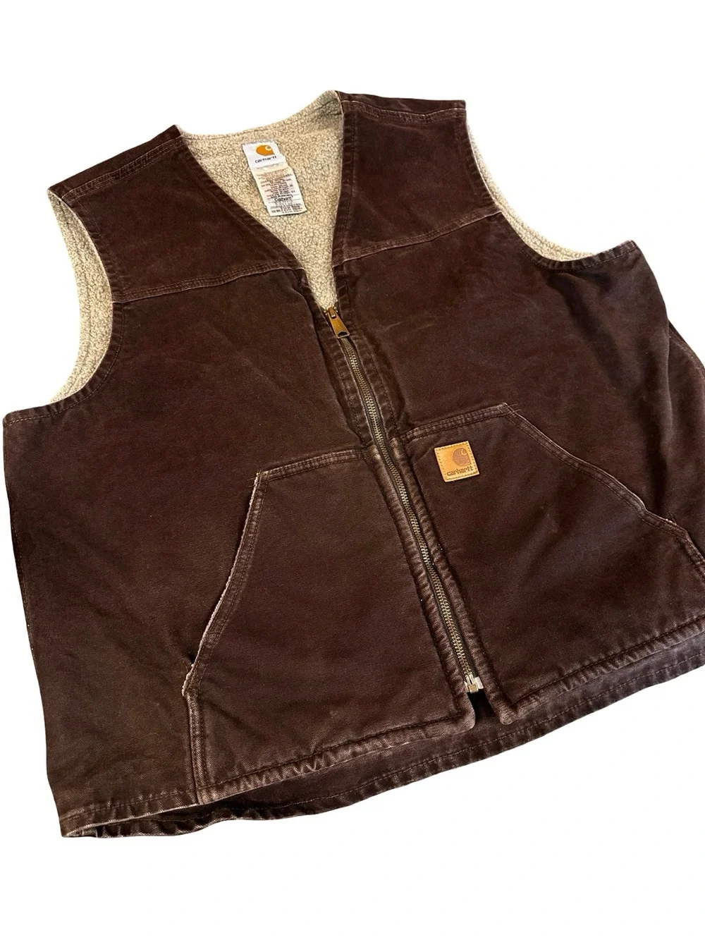 VTG Carhartt Sandstone Rugged Duck Sherpa Lined Vest Size XL Brown Outdoor